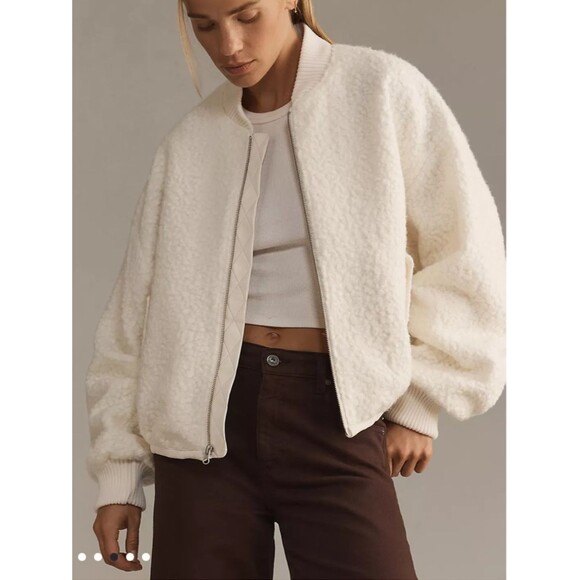 Anthropologie Jackets & Blazers - NWT Anthropologie Cream Sherpa Bomber Jacket Cozy Zip Front Coat Large
